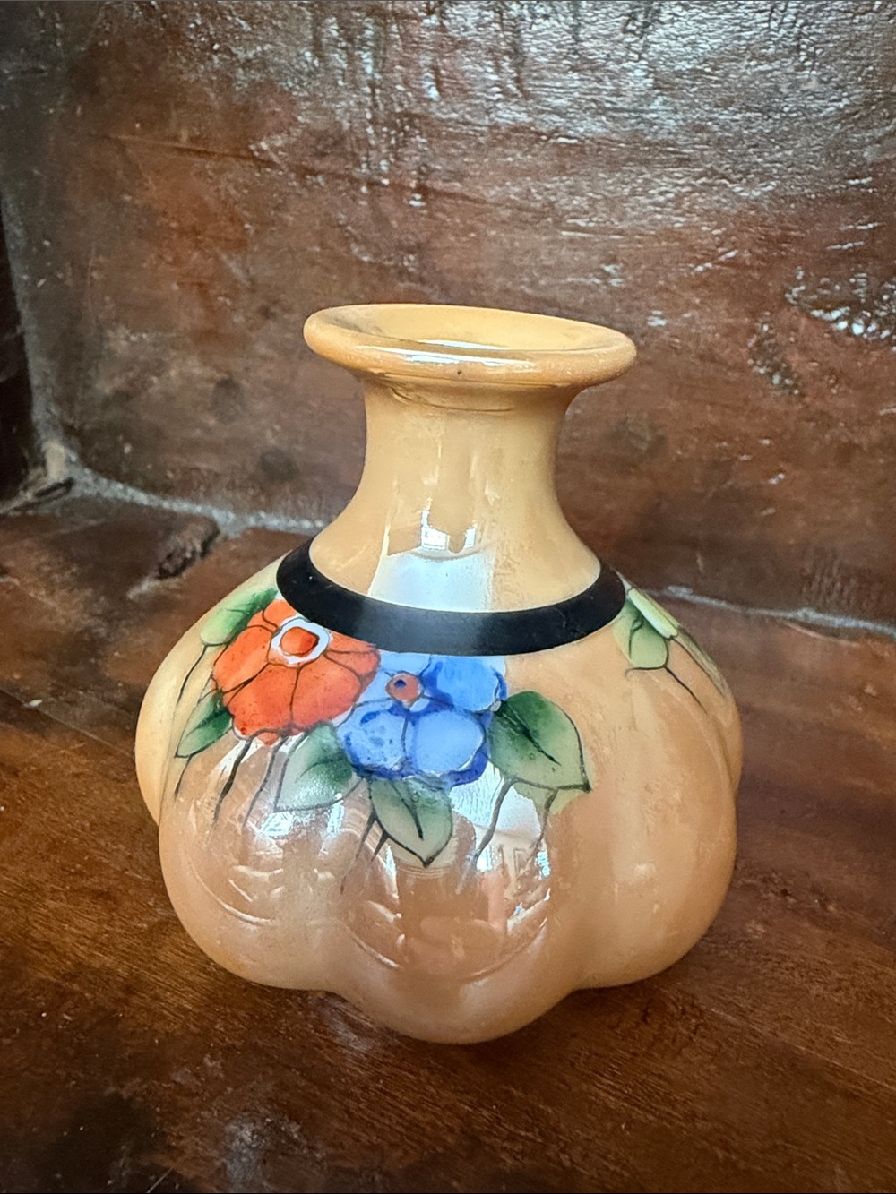 Hand-Painted Vintage Lusterware Floral Ceramic Bud Vase in Peach